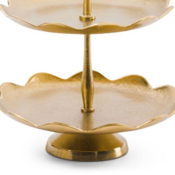 Metal Gold Tone Scalloped Edges Two Tiered Dessert Pastry Cake Cupcake Server - Picture 2 of 3
